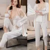 Koronka sutowa damska 5pcs piżama Set Spring Women Satin Lounge noszenie bielizny domowe ubrania seksowna suknia Kimono z podkładkami z piersi 230330
