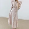 Casual Dresses Korean Chic Elegant Spring Pink Plaid Tweed Long Dress 2023 Women O Neck Puff Sleeve Slim Waist Ladies Ball Gown Vestidos