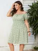 Plus -klänningar Storlek 4xl Floral Print Dress for Women Off Shoulder Casual Elegant Midi Green Summer Autumn Loose Clothing 230330