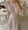 Casual Dresses Korean Chic Elegant Spring Pink Plaid Tweed Long Dress 2023 Women O Neck Puff Sleeve Slim Waist Ladies Ball Gown Vestidos