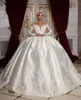Elegantes Ballkleid Brautkleider mit langen Ärmeln V-Ausschnitt Pailletten Applikationen Rüschen 3D-Spitze Satin Brautkleider Perlen formelle Kleidung plus Größe nach Maß Vestido de Novia