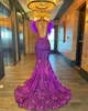 Purple Backless Prom Dresses Mermaid Lace Feathers Evening Gowns Sheer Jewel Neckline Sweep Train Sequined Formal Dress