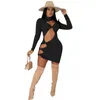 Casual Dresses Elegant Sexy Waist Band Cut Out Sheath Dress Women Fashion Turtleneck Full Sleeve Vestidos Simple Black Party Clubwear