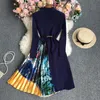 Elegant Dress Women Stand Neck Knit Patchwork Flower Print Pleated Robe Femme Belt Slim Waist Dresses 2023 Vestidos De Mujer