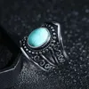 Cluster Rings Bohemia Turquoise Stones Vintage Carving Women Men White Gold Silver Color Jewelry Trendy Bands Finger Party Accessories