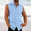 Hommes chemises décontractées mode couleur unie coton lin gilet chemise hommes été ample sans manches bouton débardeurs hommes vêtements revers