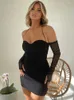 Casual klänningar sexig halter bandage svart mini för kvinnor elegant utanför axel rygglös ruched bodycon mesh prom klänningsklubb party klänning