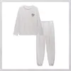 Women's Sleepwear Long Sleeve Shirt Pant Pajamas Set Nightwear Round Neck Bear Badge Solid Color Homewear Pyjamas Sleep Suit 2Pcs Home