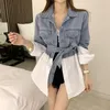 Women's Polos Button Up Patchwork Long Denim Top Spring Summer Autumn Fashion OL Casual Jeans Shirts Female Wholesale 230330