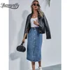 Skirts Benuynfy Single Chest Knee Length Denim Ski Women's Street Clothing Casual Pockets High Waist Straight Jeans 230330