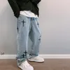 Mens jeans broderade män rakt löst wideleg byxor vår och höst koreansk mode high street hiphop stil manliga byxor 230330