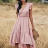 Vestidos casuais ATUENDO Vestido rosa sólido de verão para mulheres Bohemian Sexy Soft High Cale Ladies Robe Boho Leisure Wedding Guest Silk Long