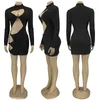 Casual Dresses Elegant Sexy Waist Band Cut Out Sheath Dress Women Fashion Turtleneck Full Sleeve Vestidos Simple Black Party Clubwear