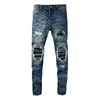 Men's Jeans Arrivals Blue Distressed Slim Fit Steetwear Style Skinny Stretch High Street Damaged Holes Bandana Ribs Ripped 230330