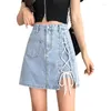 Jupes bleu Denim femmes à lacets nœud jean Shorts jupe Chic mince été Mini Vintage Streetwear a-ligne Sexy boutons M708