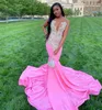 ASO EBI African Pink Mermaid Prom Dresses Luxurious Crystals Pärlade Long Satin Aftonklänningar Black Girls Special Tillfälle Wear 2023