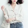 Women's Blouses Shirts Vintage Women Chiffon Solid Long Sleeve Blouse V-Neck Pockets Tops 2023 Spring Fasion Button Down Shirt voor Wall22