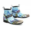 Novel Multicolor Print Men Square Toe Ankle Boots Winter Fashion Mens Party Short Boots Large Size Men Leather Shoes