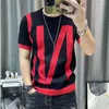 Herr T-shirts Patchwork Färg Slim Fit Stickad Skjorta Herr O-hals Stretched T-shirt Homme Streetwear Mode Vår Casual T-shirt