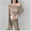 女性用ポロス気質折りたたストラップレス斜め襟底ブラウス2023スプリング高度なセンスセルフカルビングニットTシャツ230330
