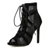 Sandalet örgü kesim yüksek topuk yaz kadın üst ayakkabılar siyah balo salonu botları salsa tango kız moda parti sanalias 230330
