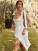 Casual Dresses Flower Print Tie Split Thick Kami Dress Summer White Sleeveless V-Neck Backless Beach Dress Women's Slide Kjol 230330