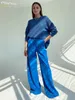 女性のズボンCapris Clacive Blue Office Women's Pants Fashion Loose Full Length Ladies Ounsersカジュアルハイウエストワイドパンツ女性230330