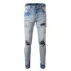 Mäns jeans ljusblå mode nödställda smala fit streetwear stil bandanna lapptäcke mager stretch hål high street rippade 230330