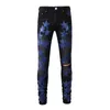 Men's Jeans Black Distressed Streetwear Blue Leather Stars Patches Slim Stretch Skinny High Street Fashion Style Ripped 230330