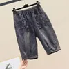 Women's Jeans Women's Denim Shorts Blue Elastic Waist Mid Rise Loose Beach Female Front Pockets Short Street Pants Trousers G118