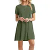 Casual Dresses Women's Summer Short Sleeve Midi Swing T-shirt Dress Solid Color Staff Neckline Casual Loose Zipper Tuned Top 230330