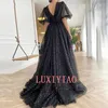 Party Dresses Black Starry Tulle Prom Sparkly V-Neck Half Puff Sleeves Ruched Wedding Slits Long A-Line Gowns