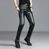 Męskie dżinsy męskie spodnie ze skórzanymi skórzanami Elastyczne czarne szczupłe motocykl biznes swobodny aksamitne podszewki pu dla mężczyzn 230330