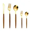 Dinnerware Sets 30Pcs Wood Steak Knife Stainless Steel Golden Cutlery Western Fork Teaspoon Set Tableware