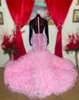 Robe De bal longue rose à col rond pour filles noires, jupe à volants en paillettes scintillantes et perles en cristal