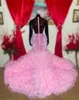 Pink O Neck Long Prom Dresses For Black Girls Sparkly Sequined tiered Ruffles skirt Evening Gown Beaded Crystal Robe De