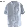 Camicie casual da uomo Camicia da uomo New Baggy Stripe Cotone Lino Manica corta Tasche con bottoni Camicie Top Camicetta Camicia elegante maschile Camisa Masculina W0328