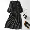 Robes décontractées 2023 Printemps d'été Black Elegant Elegant Three Quarter Femme Femme Midi Robe Real Silk Woman Imprimé Long A-Line