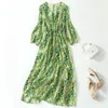 Casual Dresses 2023 Spring Summer Women's Green Dress Real Silk V-neck Elegant For Women Ruffles Floral Woman Long A-line