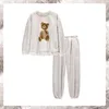 Women's Sleepwear Long Sleeve Shirt Pant Pajamas Set Nightwear Round Neck Bear Badge Solid Color Homewear Pyjamas Sleep Suit 2Pcs Home