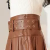 Skirts Autumn winter pleated leather mini skirt fashion belt high waist PU faux streetwear y2k sexy club shorts 230330