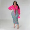 Plus Size Robes 2023 Printemps Feuille Imprimer Robe Bandage Top Party Élégant Dîner Jupes Femme De Luxe Designer Tissu Femmes Deux Pièces Ensembles