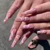 Falsche Nägel 3D Fake Set Press On Faux Ongles Lange French Coffin Tips Rose White Wave Lines Dsigns Nude Manicure Supplies Nagel