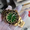 40mm män Titta på armband GMT116718 LUMINOUS AUTOMATISK A3186 Rörelsevakning BEZEL Vattentät Father Birthday Present Gold Green Dial Travel Lusso Orologio