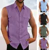 Men's Casual Shirts Fashion Solid Color Cotton Linen Vest Shirt Men's Summer Loose Sleeveless Button Tank Tops Men Clothes Lapel