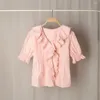 Blouses feminina Mulheres Ruffles Turn-Down Collar camisa botão frontal plissada Manga curta curta 2023 Blusa das senhoras de verão