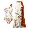 Floral Printed Swimsuit Fashion One Shoulder Swimwear Patchwork Padded Bathing Suit Womens Beach Dress Two Piece Set