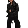 Damen Jacken Mode Damen PU Leder 2023 Damen Solide Revers Langarm Oberbekleidung Zipper-Up Motorrad Kurzmantel mit Gürtel