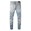 Mäns jeans nödställda ljusblå streetwear stretch mager svarta strass förstörde hål graffiti high street smal fit märke 230330