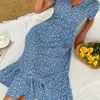 Casual Dresses Jim Nora Elegant Women's Short Puff Sleeves Bohemian Print V-Neck Corset Blue Casual Women's Summer Beach Midi Dress Fashion 230330